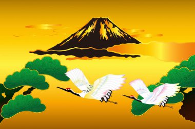 Fuji dağı ve vinçlerle Japon etnik tarzı illüstrasyonlar