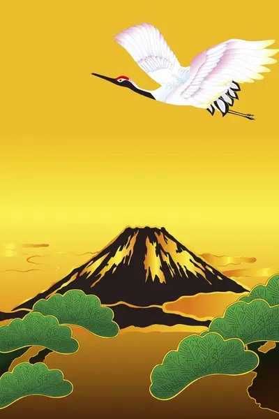 Japansk Etnisk Stiliserad Illustration Med Fuji Berg Och Kran — Stockfoto