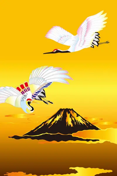 Japansk Etnisk Stiliserad Illustration Med Fuji Berg Och Tranor — Stockfoto