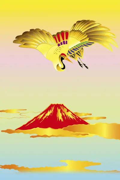Japanese Ethnic Stylized Illustration Fuji Mountain Crane — Stok fotoğraf