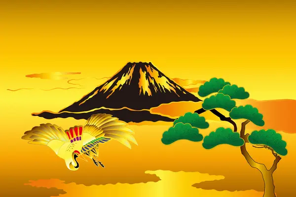 Japonês Étnico Estilizado Ilustração Com Fuji Montanha Guindaste — Fotografia de Stock