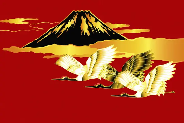 Japoński Etniczny Stylizowany Ilustracja Fuji Góra Żurawie — Zdjęcie stockowe