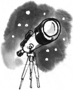 Teleskop siyah beyaz suluboya el çizimi