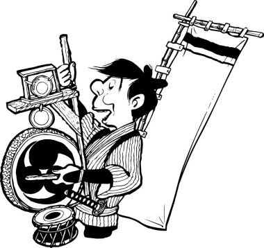 Erkek çoklu enstrümancı, beyaz arka planda basit bir karikatür çizimi   