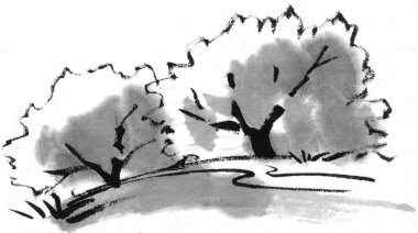 Dallarında yapraklar olan el yapımı ağaçlar. mürekkep siyah beyaz çizim.