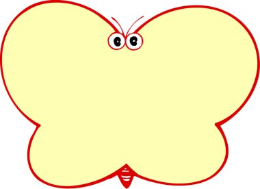 Cartoon illustration of a simple yellow butterfly with large eyes and a red outline.