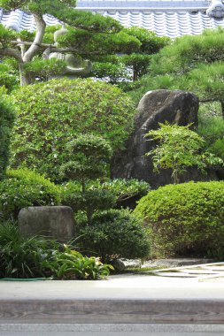 Çiçekli yeşil Japon bahçesinde budanmış çalılar ve taş patikalar var.