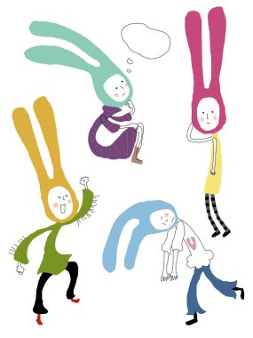 Renkli çizgi film tavşanları ifade edici yüzlerle poz veriyorlar.