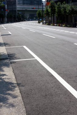 Boş şehir caddesi boyalı park alanları ve uzak ağaçları gösteriyor