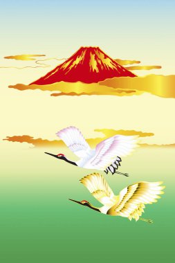 Fuji dağı ve vinçlerle Japon etnik tarzı illüstrasyonlar