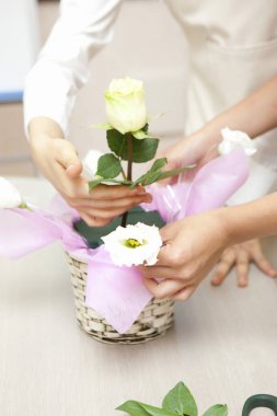 Çiçekçide birlikte çalışan Japon kadın çiçekçiler.