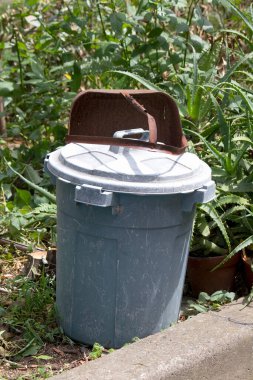 Bahçedeki çimlerin üzerinde kapaklı bir kova.