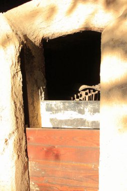 Güneş ışığı kırsal ahır kapısına vuruyor. İçi gölgeli.