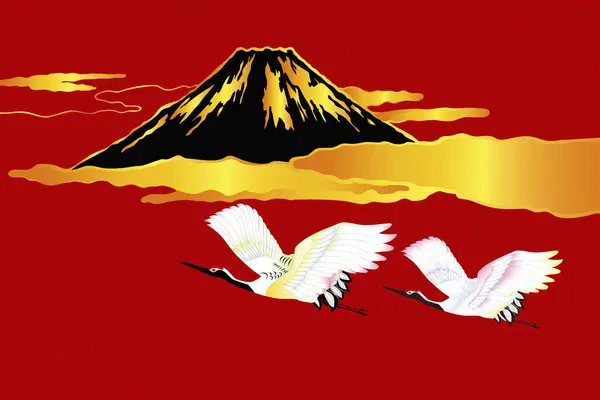 Japonês Étnico Estilizado Ilustração Com Fuji Montanha Guindastes — Fotografia de Stock