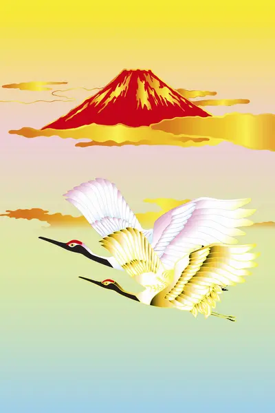 Japonês Étnico Estilizado Ilustração Com Fuji Montanha Guindastes — Fotografia de Stock