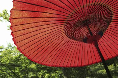 Yaz parkında kırmızı Japon şemsiyesi