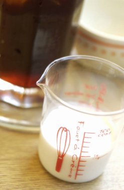 Kahvenin yanında sütlü bardağı ölçüyorum.