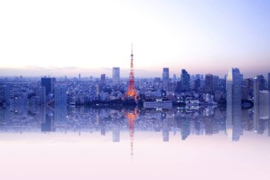 Kentin 3d görüntüsü yansıması, gündüz görünümü ile ufuk çizgisi 