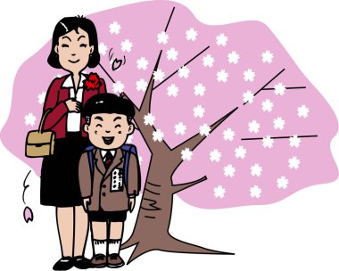 Çiçek açan kiraz ağacının yanında mutlu poz veren bir anne ve oğlunun çizgi film çizimi..