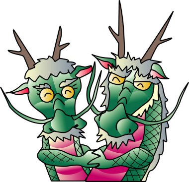 A cartoon illustration of two green dragons embracing each other.
