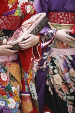 Geleneksel Japon kostümü giyen iki genç Asyalı kadın, orta bölüm.