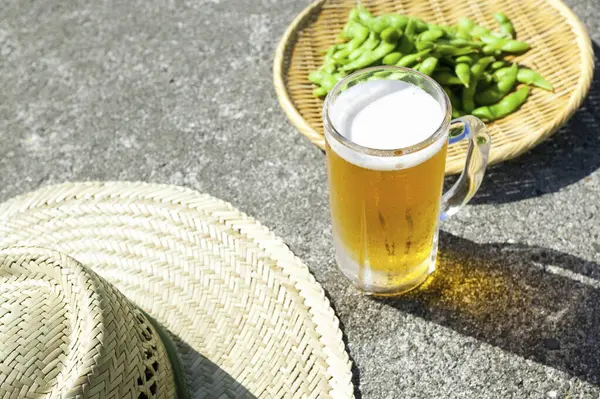 Deniz Kenarında Yeşil Bezelye Hasır Şapkalı Bira — Stok fotoğraf