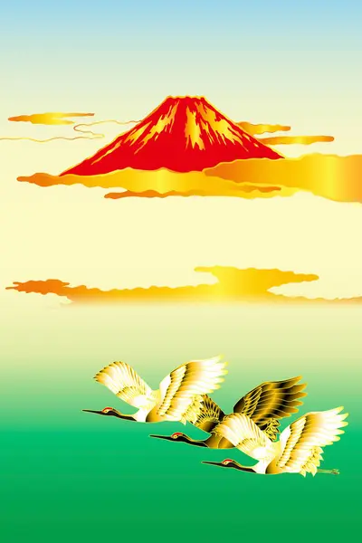 Japansk Etnisk Stiliserad Illustration Med Fuji Berg Och Tranor — Stockfoto