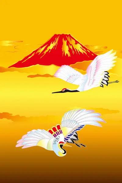 Illustrazione Stilizzata Etnica Giapponese Con Fuji Montagna Gru — Foto Stock