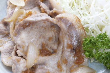 Kızarmış domuz ve zencefil. Geleneksel Japon yemekleri