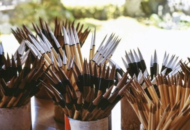 Kaplarda farklı boya fırçaları var, yakın plan.     