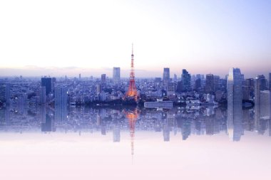 Kentin 3d görüntüsü yansıması, gündüz görünümü ile ufuk çizgisi 