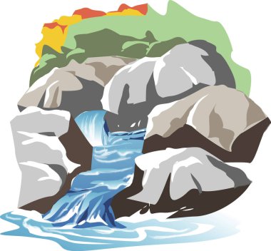 Güzel dağ şelalesinin renkli çizimi