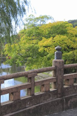 Gölün üzerinde tahta köprüsü olan Japon bahçesi. 