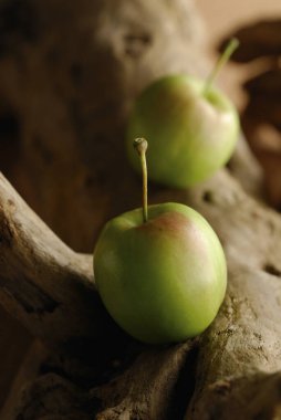 Arka planda iki yeşil elma, kapatın.