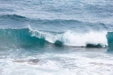 Sahile vuran köpüklü deniz dalgaları. 