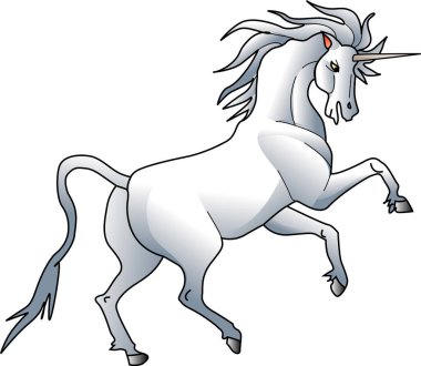 Gümüş boynuzlu, parlayan kırmızı gözlü beyaz bir tek boynuzlu at tasviri..