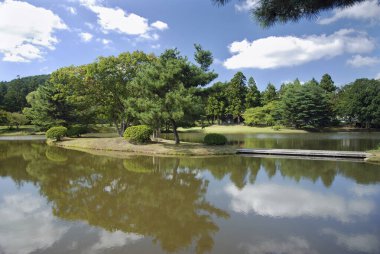 Parktaki yeşil ağaçların ve manzaralı gölün güzel manzarası           