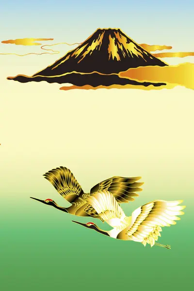 以富士山和鹤为代表的日本民族风格图解 — 图库照片