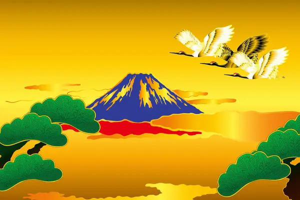 Japonská Etnická Stylizovaná Ilustrace Fuji Horou Jeřáby — Stock fotografie