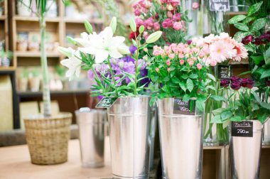 Çiçek ve saksıları olan bir çiçekçi.