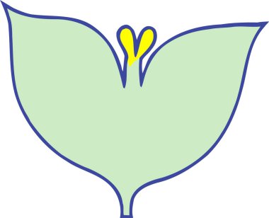 Ortasında bir yarık olan yeşil bir yaprağın ve sarı bir filizin çizimi..