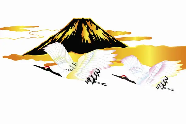 Illustration Stylisée Ethnique Japonaise Avec Montagne Fuji Grues — Photo