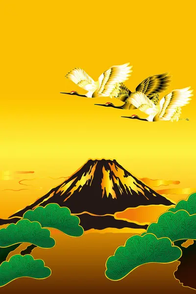 Japanese Ethnic Stylized Illustration Fuji Mountain Cranes — Stok fotoğraf