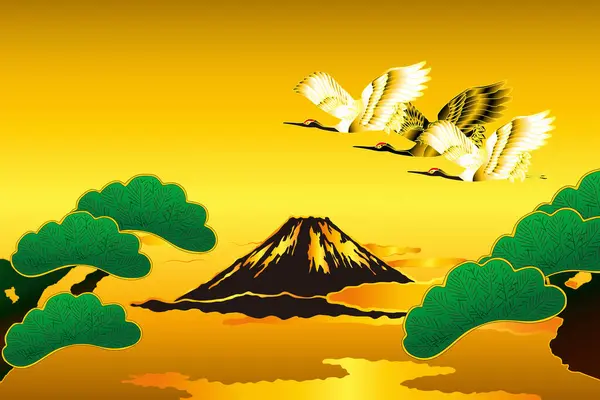 Japonská Etnická Stylizovaná Ilustrace Fuji Horou Jeřáby — Stock fotografie