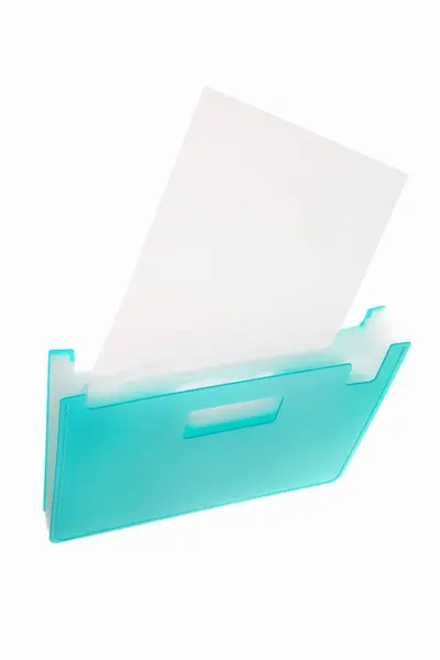 Modrá Plastová Složka Papíry Bílém Pozadí — Stock fotografie