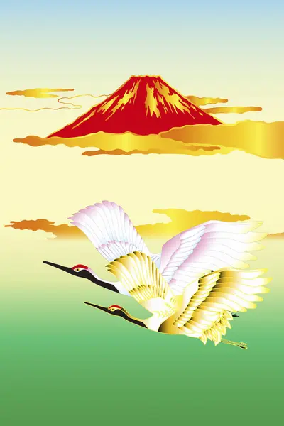 Illustration Stylisée Ethnique Japonaise Avec Montagne Fuji Grues — Photo