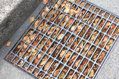 Asfalt üzerindeki metal ızgara yapraklar ve enkaz.