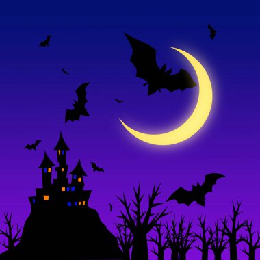 Halloween geçmiş Kalesi, yarasalar ve moon ile