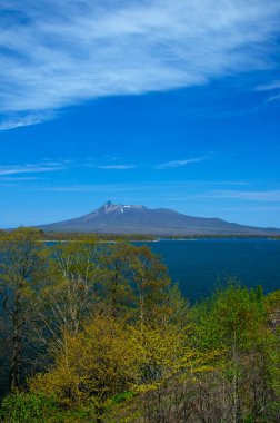 Arkadaki volkanın tepesinden Fuji Dağı 'nın manzarası, mavi gökyüzü, beyaz bulutlar, Japonya.