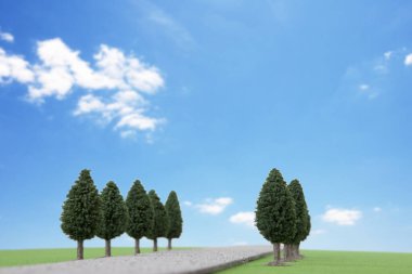 road with green trees and blue sky background.        